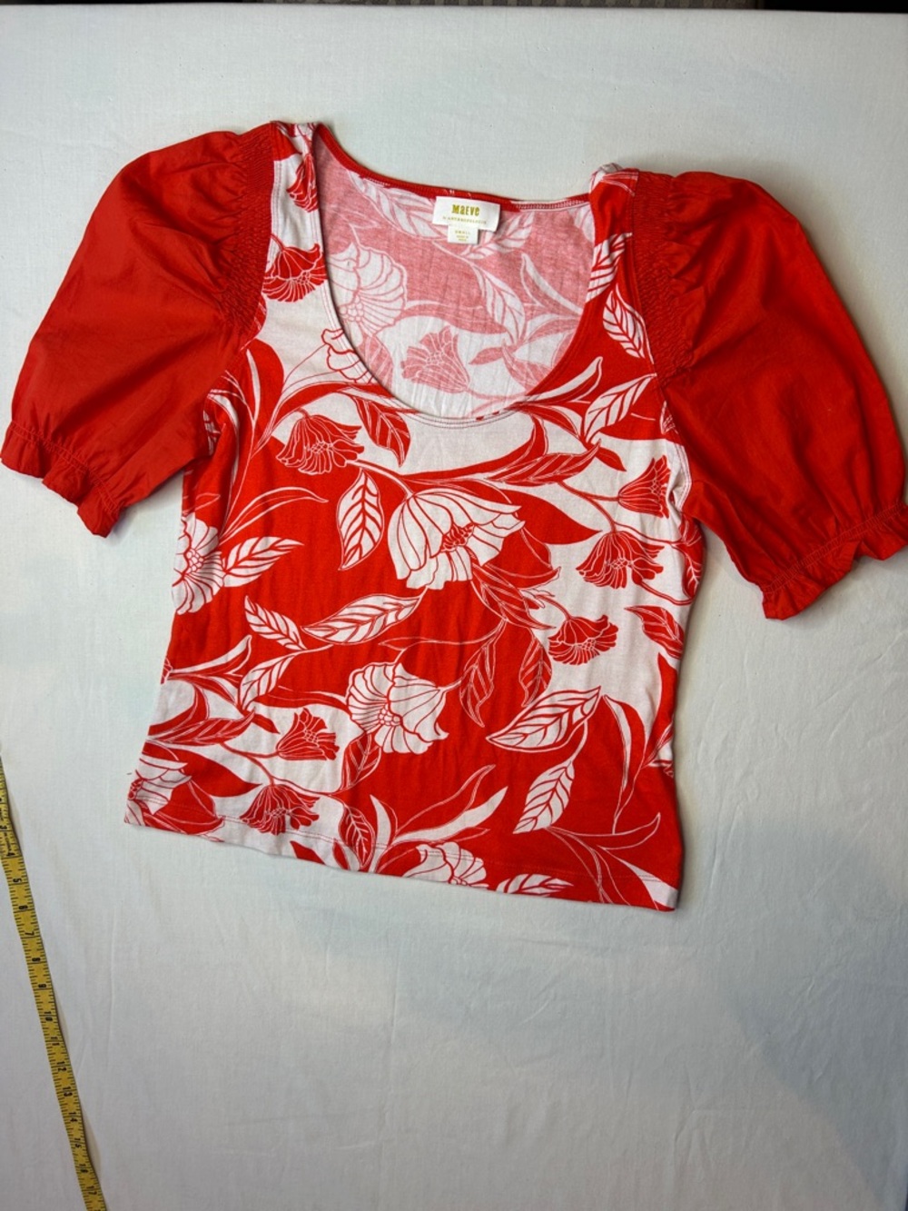 Maeve by Anthropology Red & White Floral Puff-Sleeve Scoop Neck Top 100 % cotton